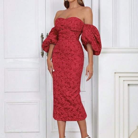 Off Shoulder Puff Sleeve Split Back Floral Jacquard Dress Red - Picture 4 of 5
